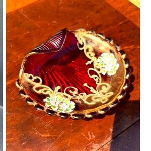 Ornate Morano Red Glass Dish with Gold Accents